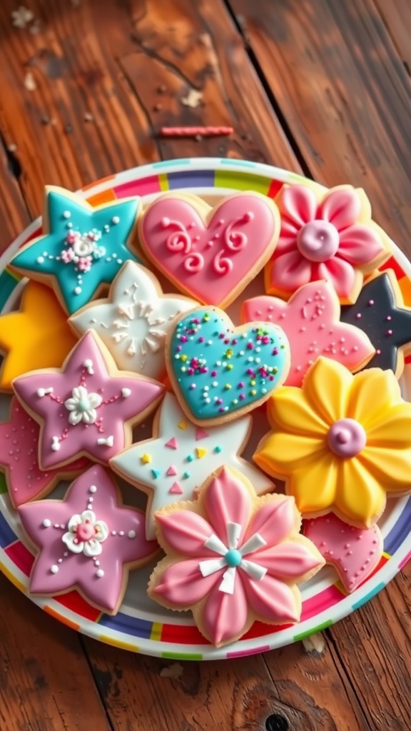 A variety of creatively decorated cookies on a platter, showcasing different shapes and colorful icing designs.